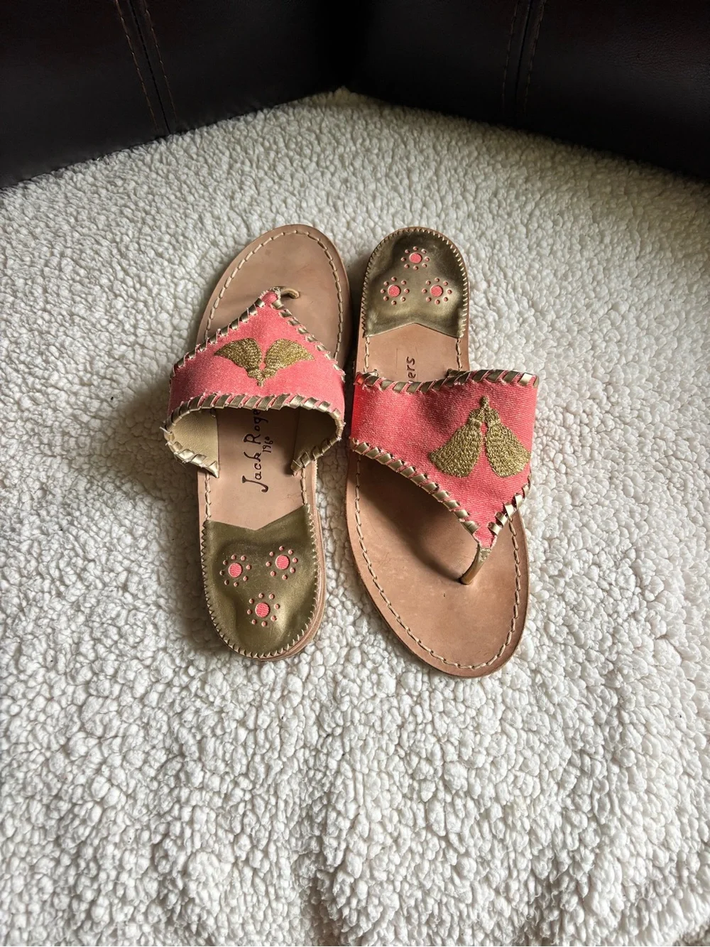 Jack Rogers Coral and Gold Embroidered Slide Sandals